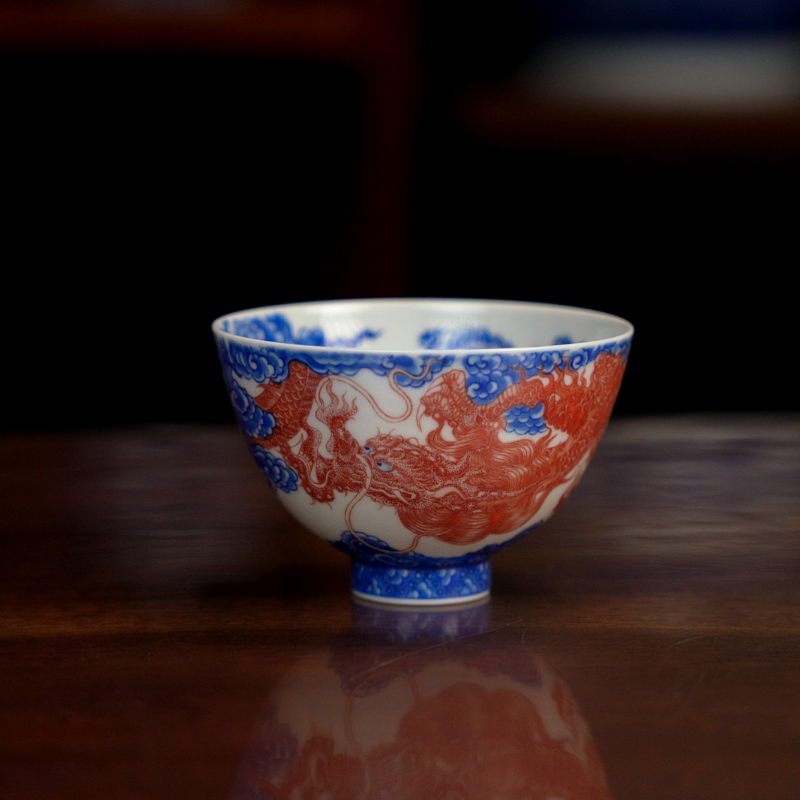 自成堂柴窑青花釉里红龙杯景德镇陶瓷穿云龙鸡心杯家用品茗主人杯