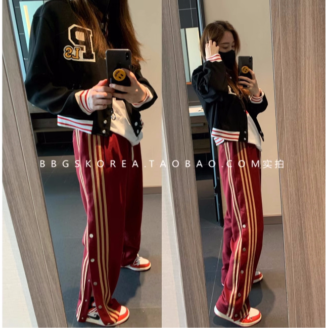 现货2025春季新款大长腿拖地运动风酒红色复古宽松大版休闲裤