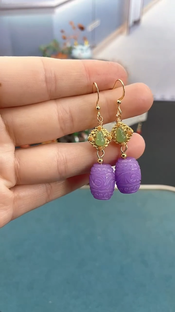 14K金镶嵌翡翠耳饰紫罗兰路路通耳钩