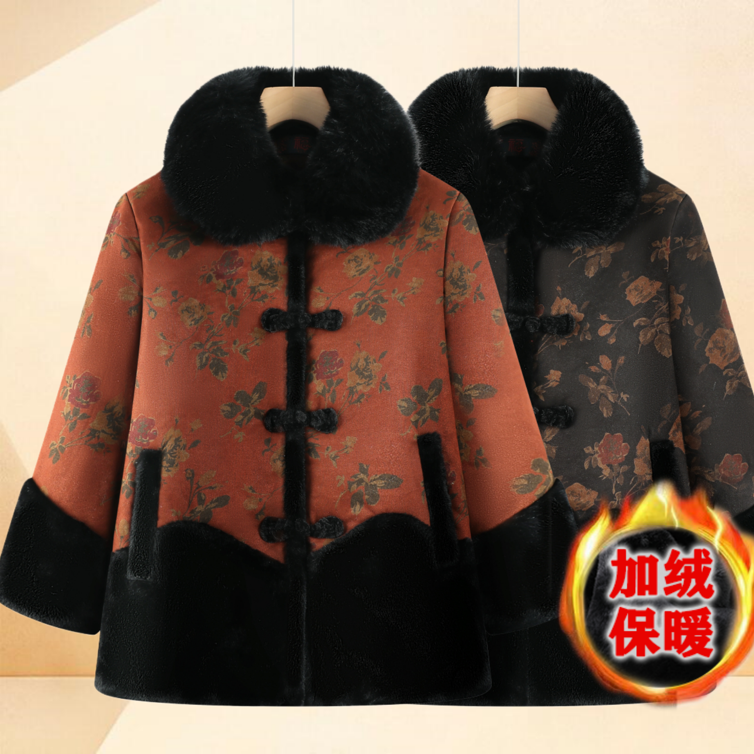 中老年女装妈妈冬装外套老年人加绒加厚上衣奶奶装洋气毛领棉袄