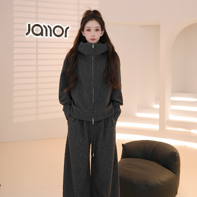 Jamor2025秋冬新款设计师休闲百搭连帽亮片两件套DDA589593