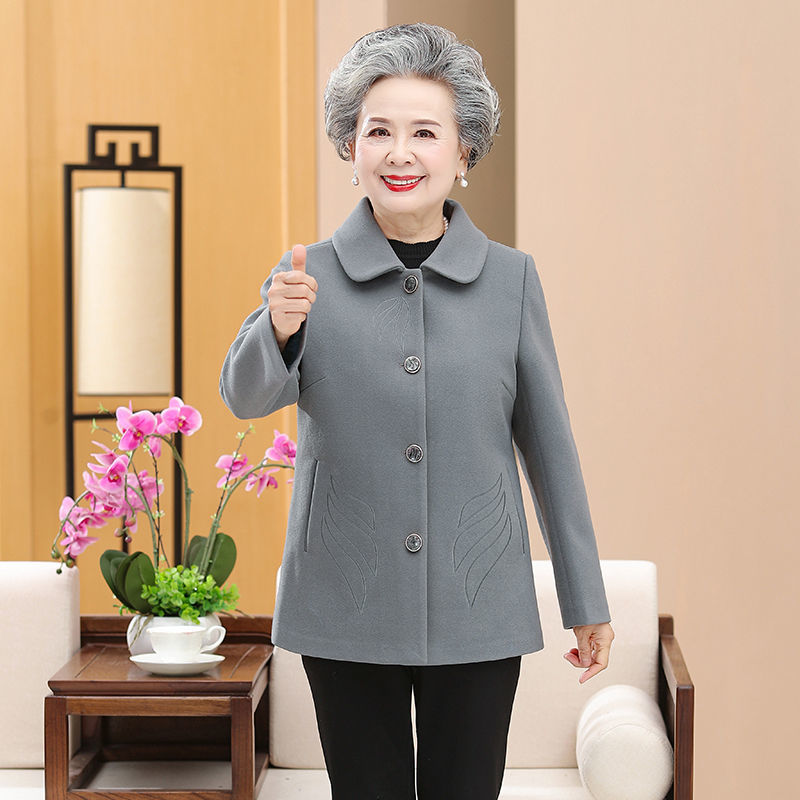 中老年人女装奶奶外套春秋款妈妈毛呢上衣纯色老人太太秋装外衣服