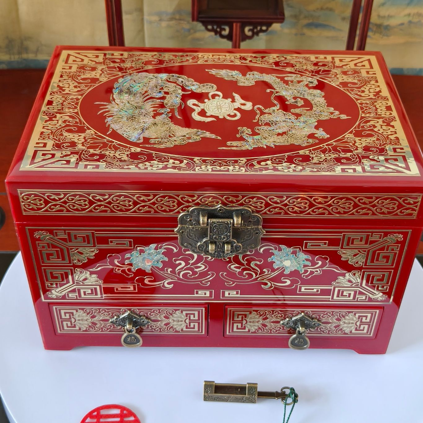 首饰盒/箱 28宽抽屉龙凤呈祥高定钢琴漆螺钿铜丝镶嵌首饰盒收纳盒