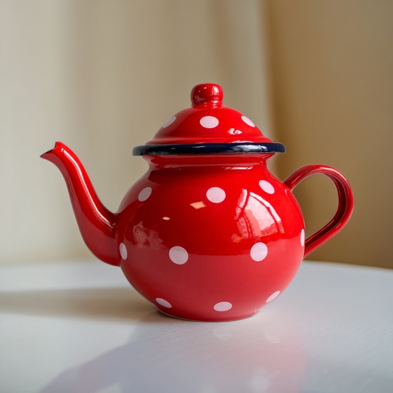 【七喜】0.7L球型壶红底白点 搪瓷珐琅壶加厚烧水壶家用陶把带滤网