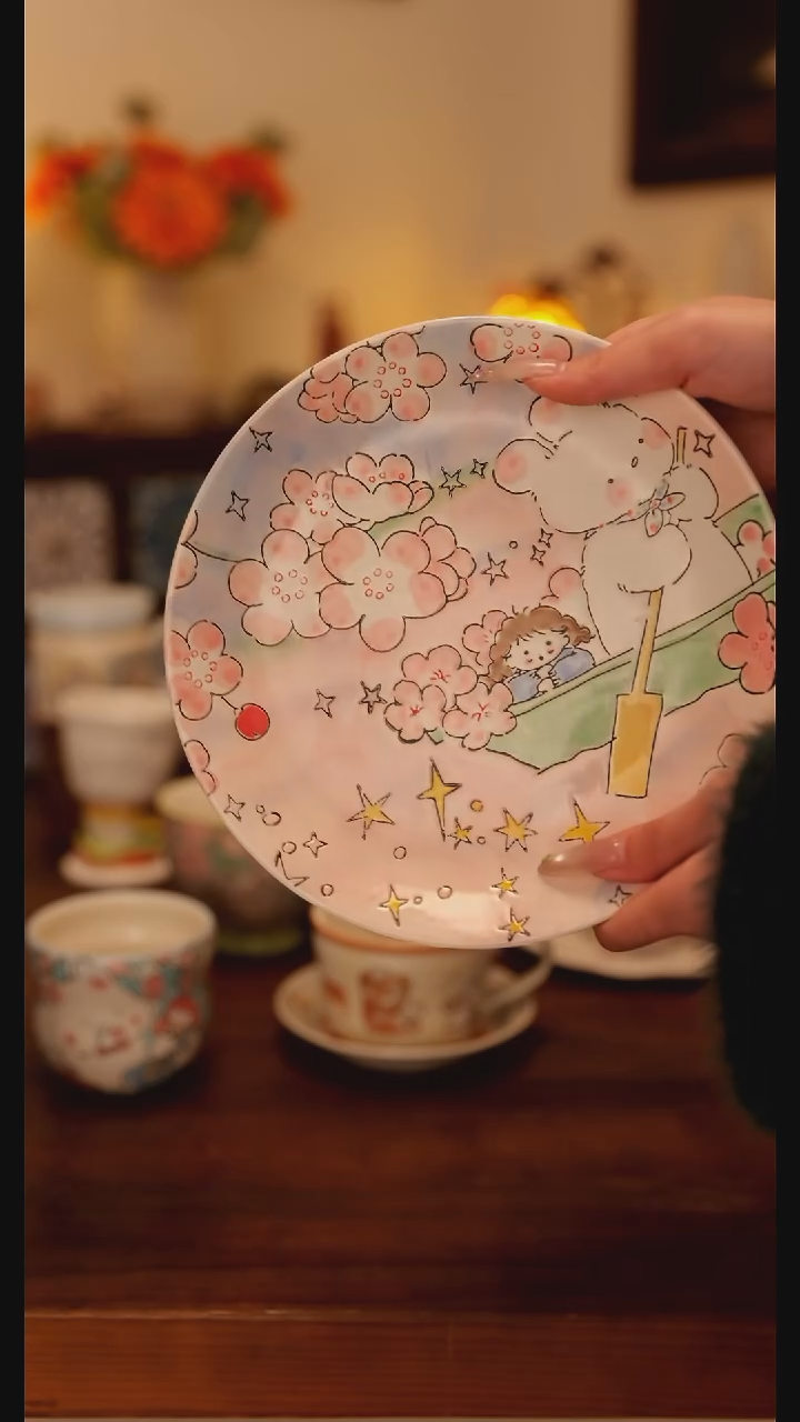 陶瓷手柄款阿满盘子  手绘釉下彩