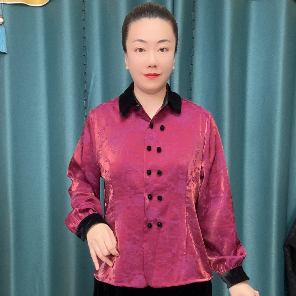 新款翻领流光锦时尚修身显瘦长袖妈妈装衬衫上衣