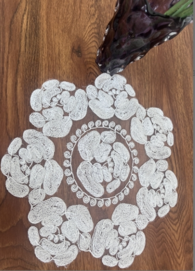 ZN105-2粗绳绣【40*40圆/对】白色非遗法斯麻绳绣桌布茶几布