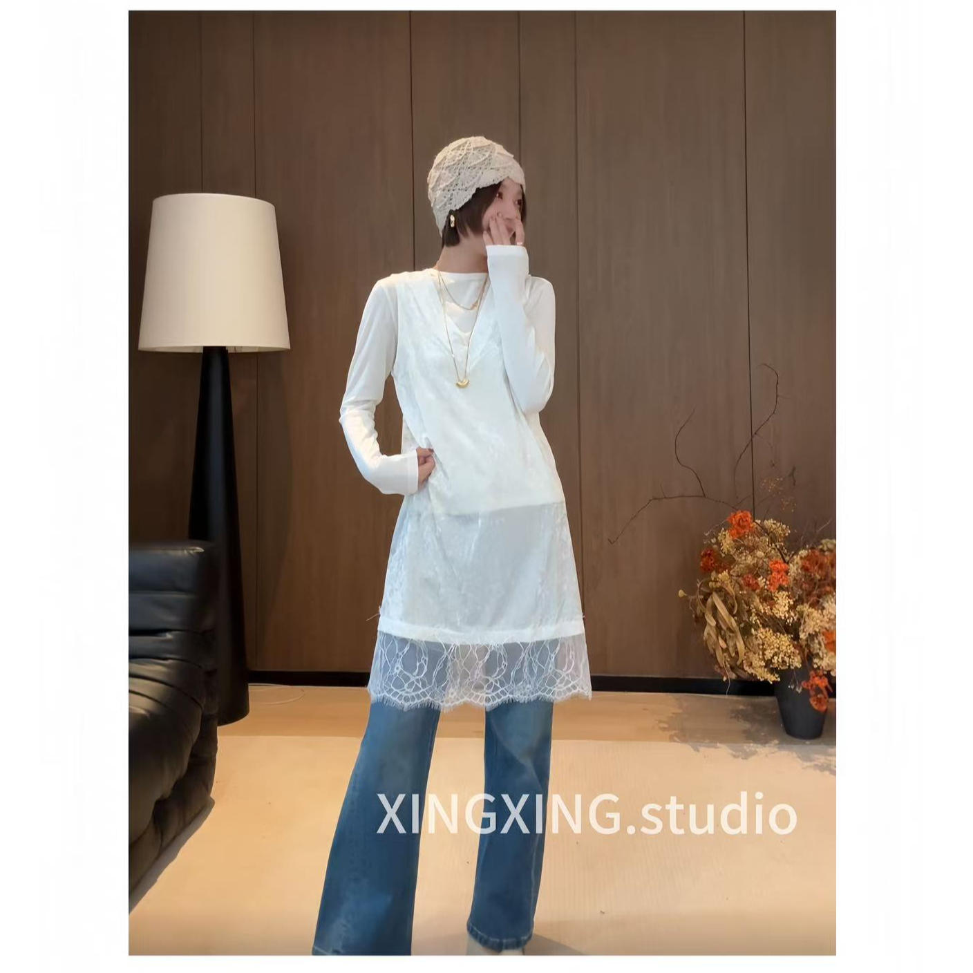 X.x.纯欲百搭蕾丝拼接丝绒背心裙女冬叠穿V领气质显瘦连衣裙418