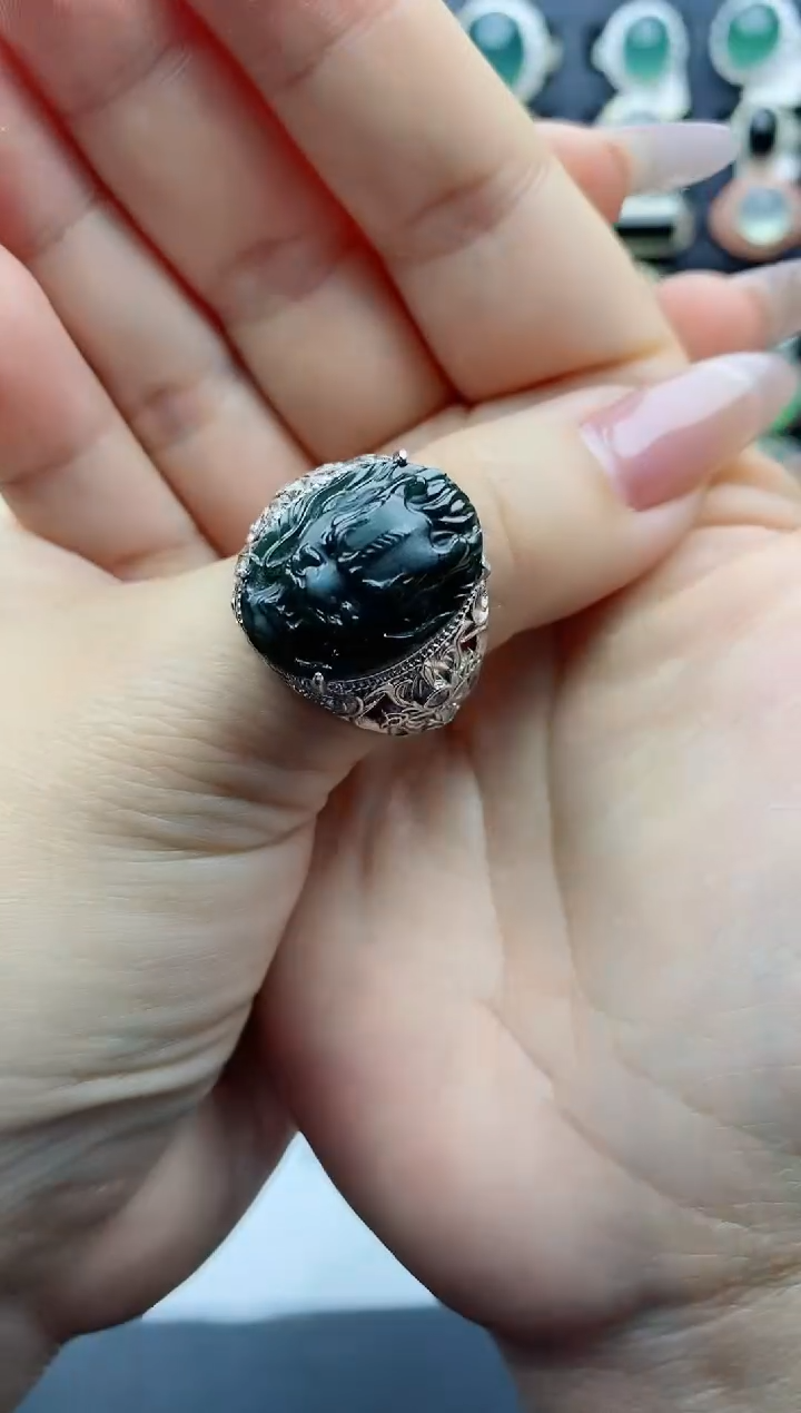 【闪购商品】翡翠戒指银S925镶嵌天然翡翠男戒