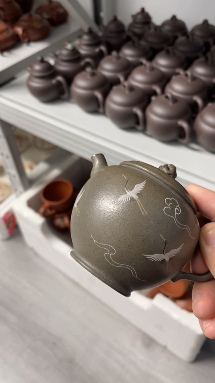 茶壶紫砂啊****)柴烧鹤壶一套