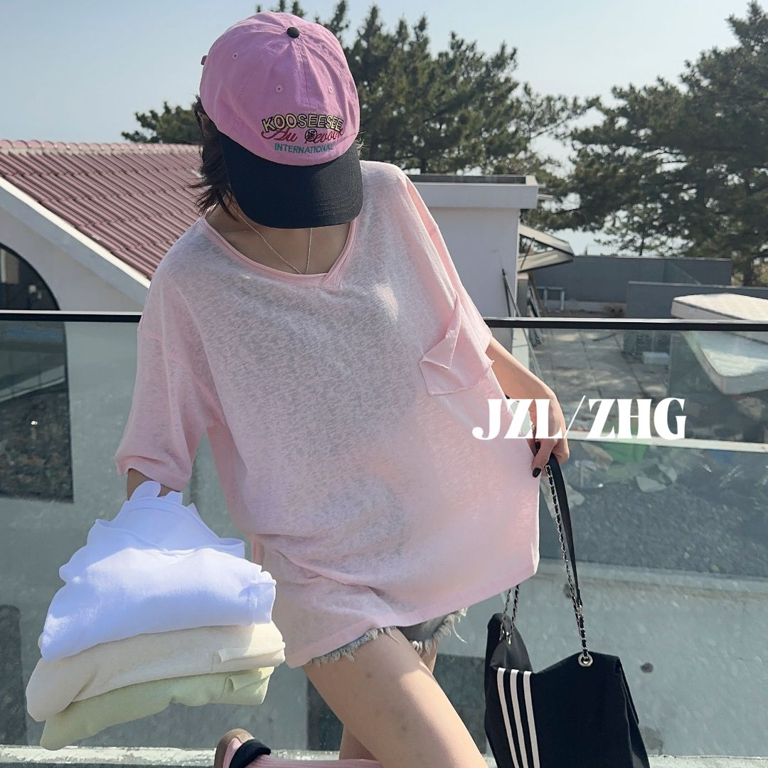 【胜华严选】U领宽松显瘦外搭罩衫长袖T恤24008