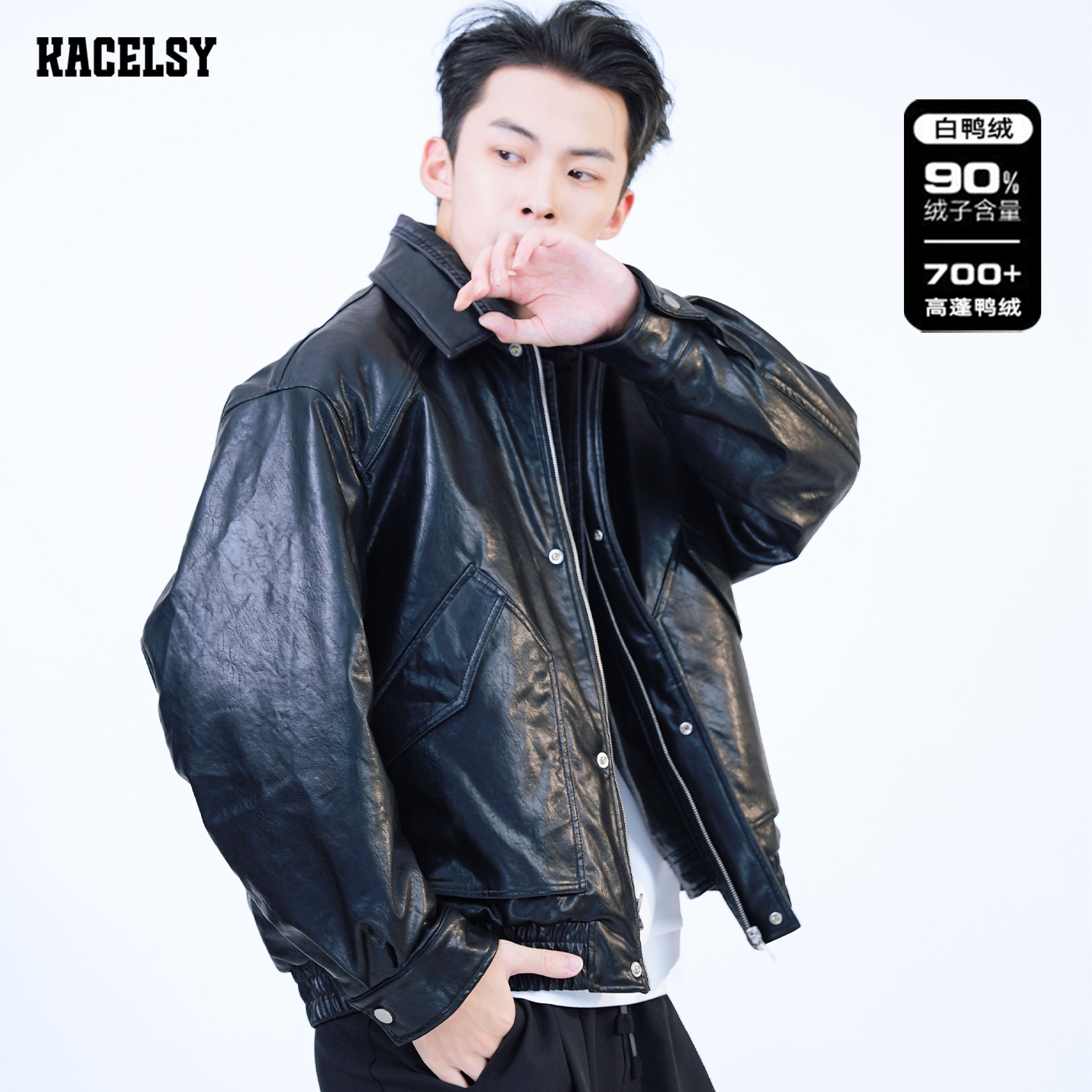 男士立领羽绒服2025年新款冬季新款美式假两件皮衣羽绒服夹克外套