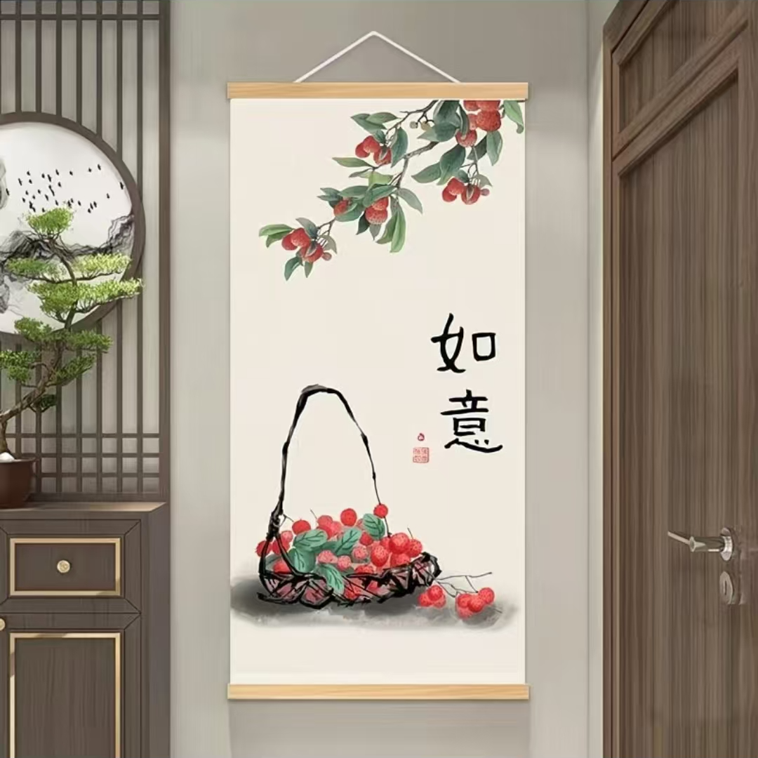 柿柿如意新中式植物花卉无纺布过道玄关现代简约挂画遮挡箱中国画