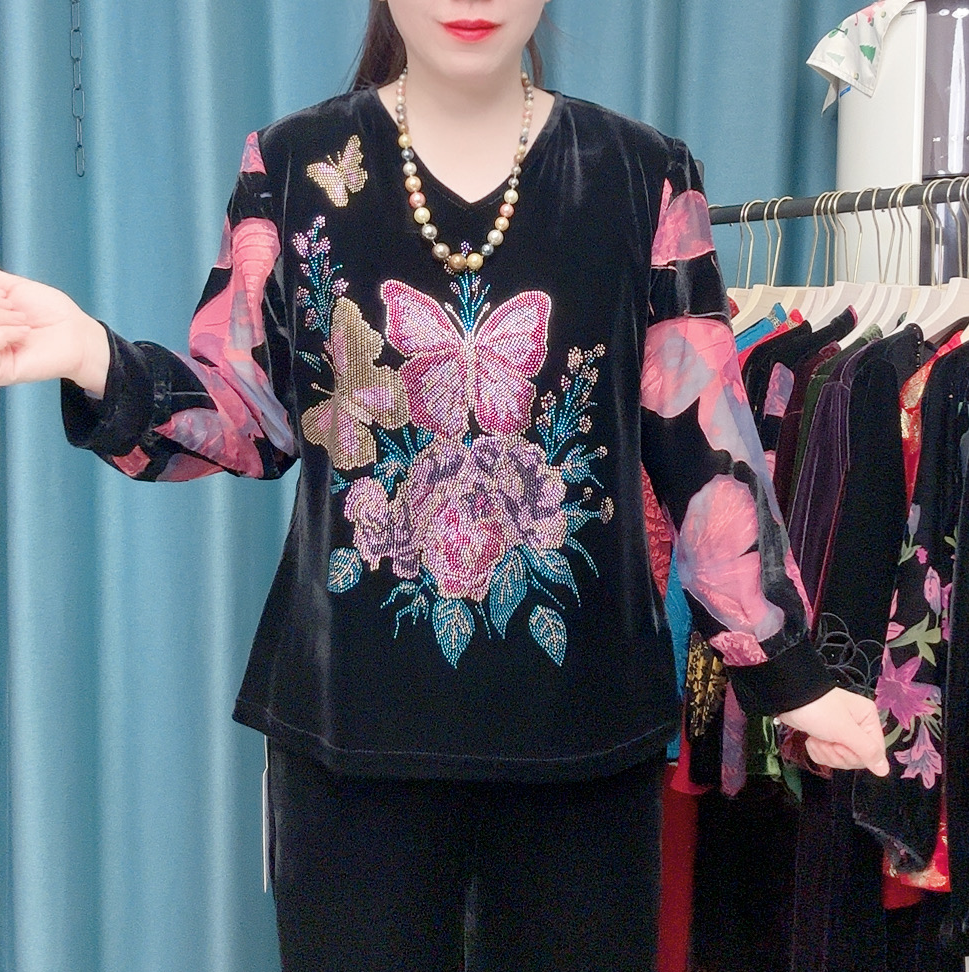 新款烫钻丝绒烧花气质显瘦时尚妈妈装小衫