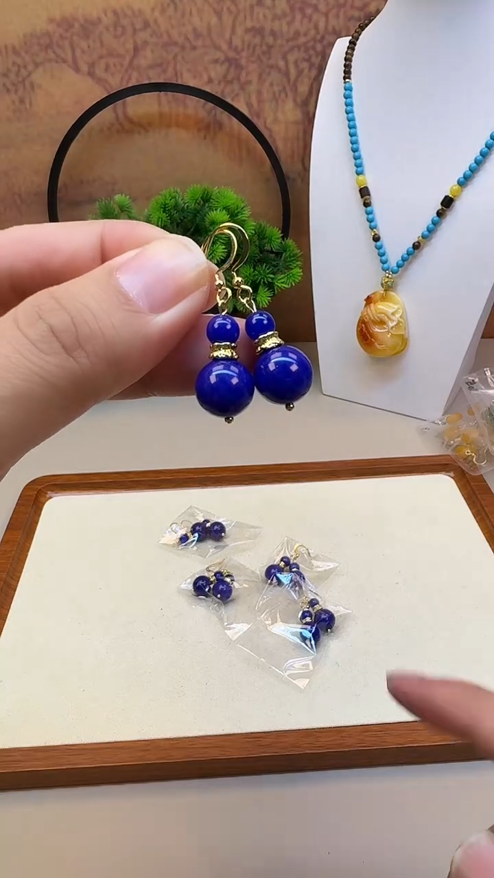 14K金镶嵌青金石耳饰E248 