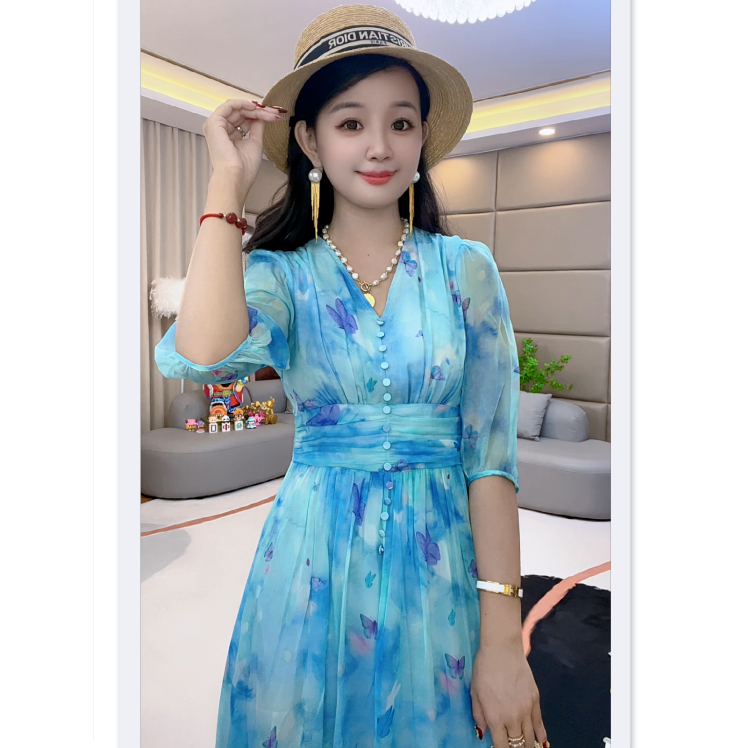 《暖暖推荐》蓝色蝴蝶长裙打下摆松紧腰显瘦真丝连衣裙 90433