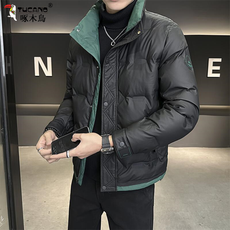 啄木鳥冬季新款时尚休闲百搭羽绒服男士立领短款拼色御寒加厚外套