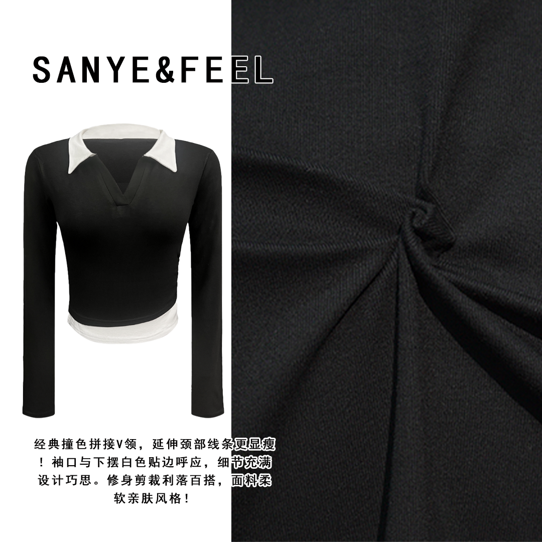 sanye&feel/妍三也【纯情之花】加绒假两件内搭修身打底上衣54074YX
