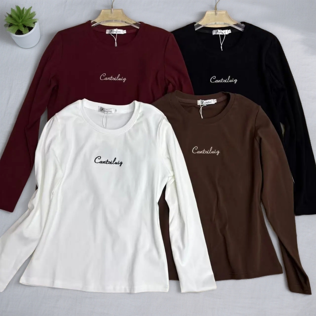 224秋冬圆领刺绣长袖T恤女修身显瘦内搭打底衫设计感百搭洋气