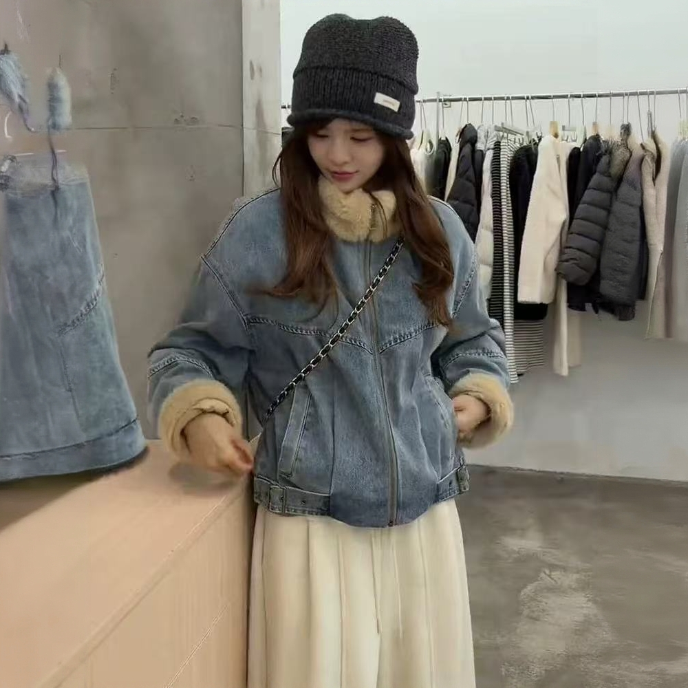 【如如】复古毛领加绒加厚外套女2025冬季新款时尚漂亮牛仔夹克