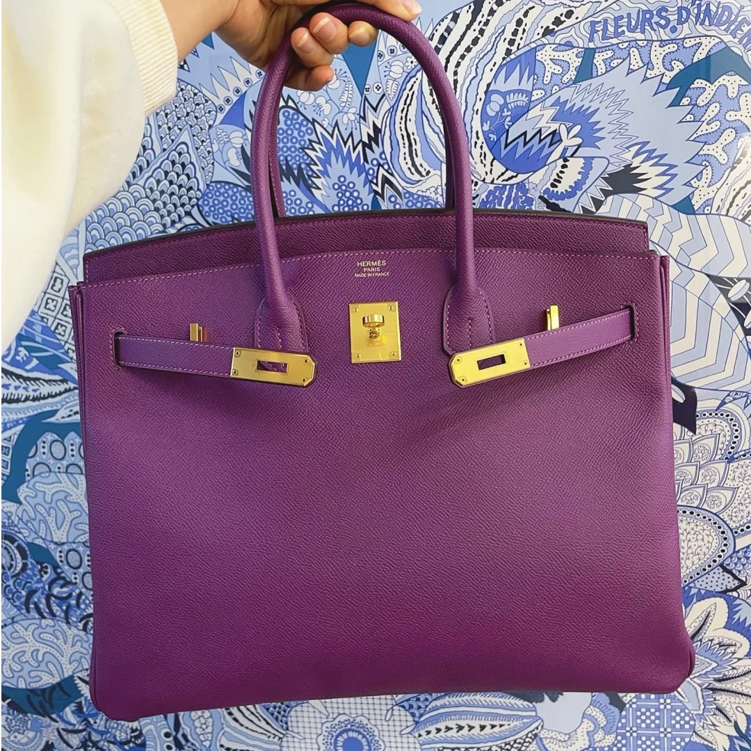 99新 Hermes/爱马仕 小花JerryBirkin 35 海葵紫 Ep皮 框R 金扣包