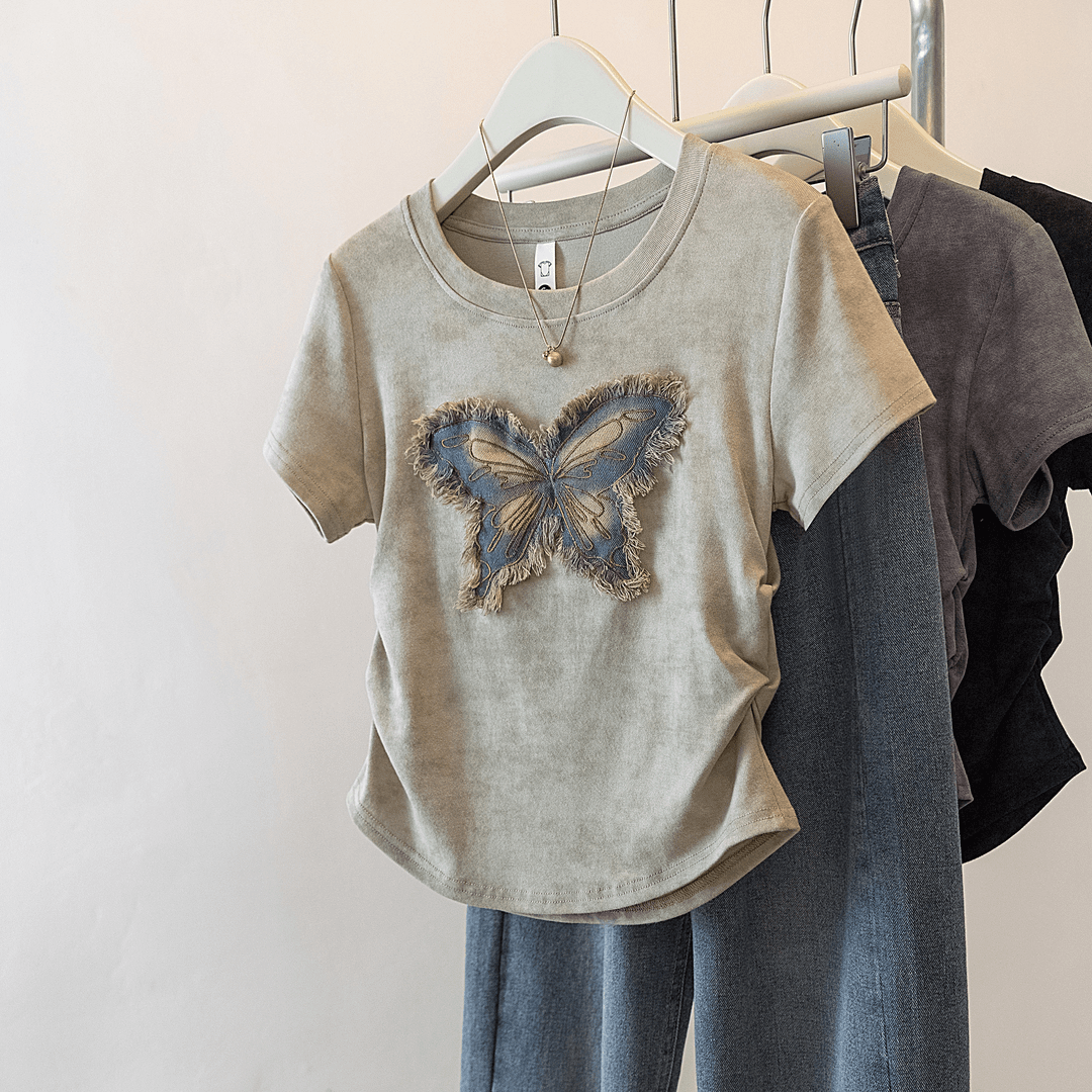 微胖大码女装显瘦遮肚子设计感蝴蝶短袖t恤2025新款夏季圆领上衣