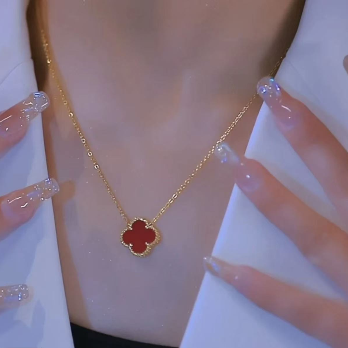 MOZ214【四叶草红玉髓吊坠】 S925银镀18K金轻奢时尚高定