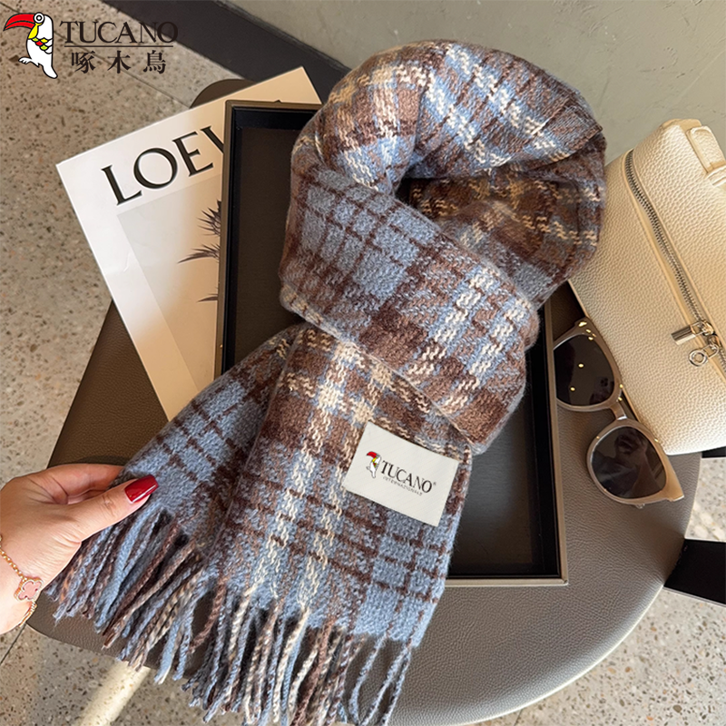 啄木鳥奶油风保暖围巾女冬加厚韩系蓝色格子围脖氛围感情侣百搭款