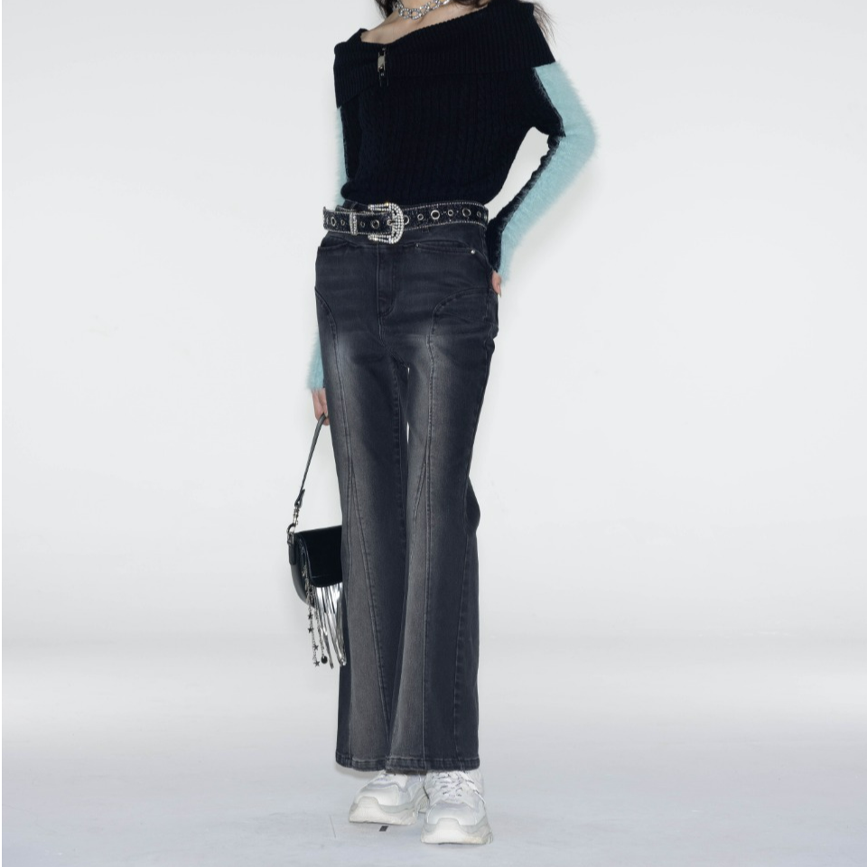 GIMING时尚长裤黑色牛仔喇叭裤修身春季显瘦女士休闲