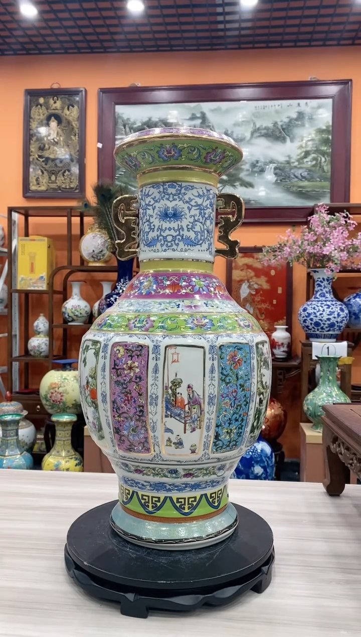 【闪购商品】瓶景德镇陶瓷摆件《瓷王》六方瓶+旋转底座