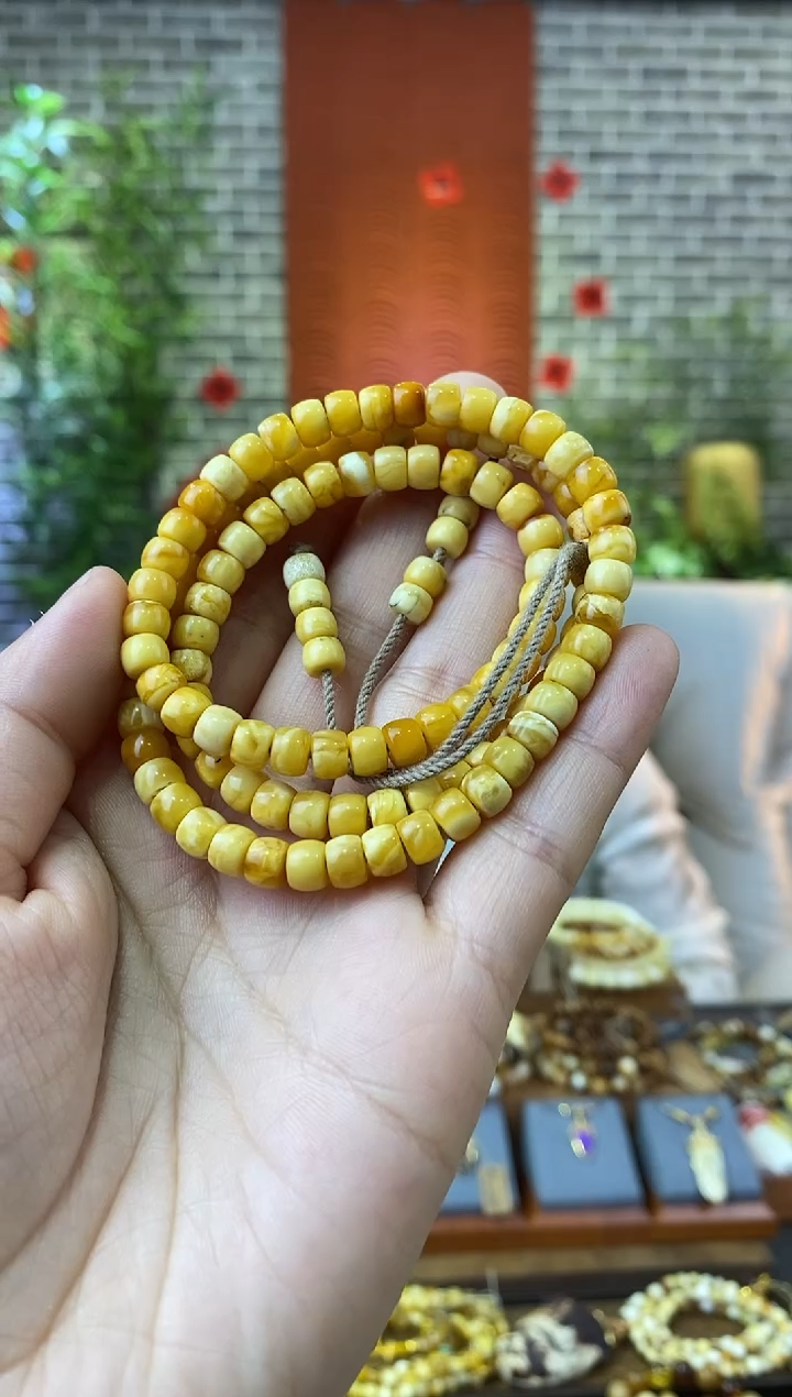 【闪购商品】蜜蜡裸石未镶嵌瓷白妖花老蜡精工直切108佛珠
