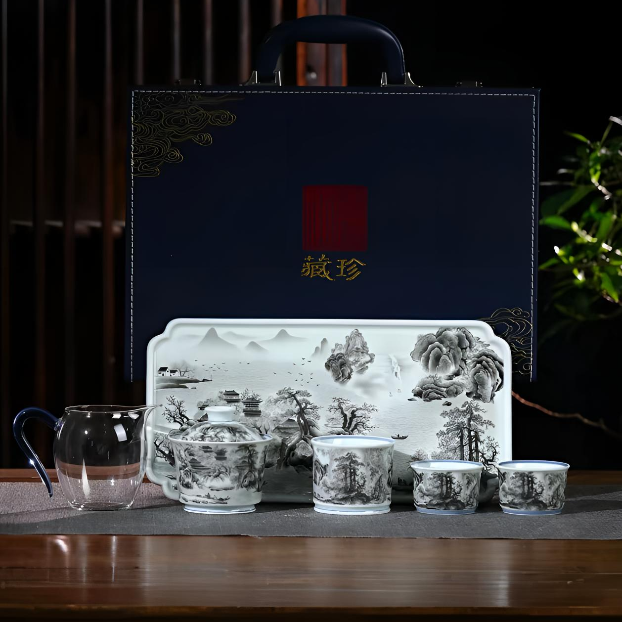 景德镇陶瓷 重工墨彩山水春山图长茶盘高温送人茶具6件套礼盒装