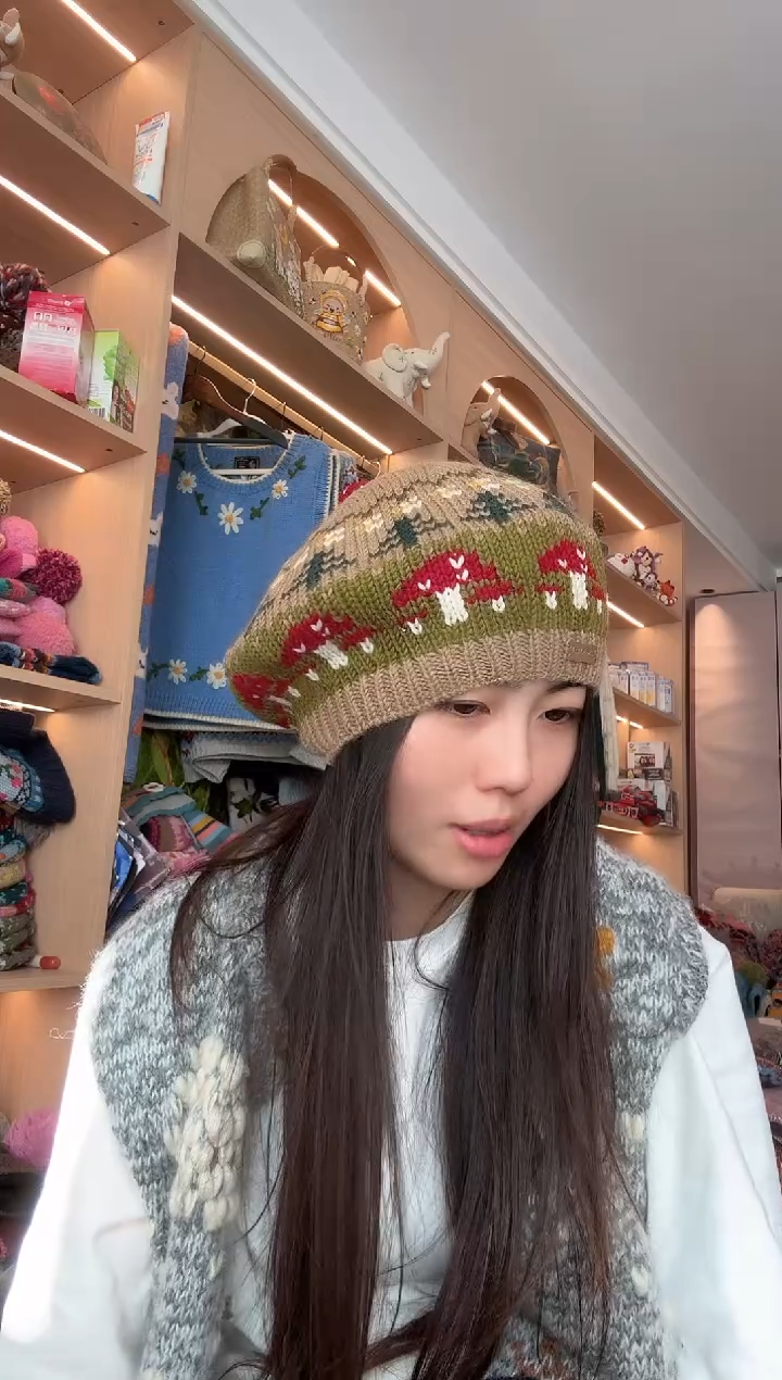 羊毛绿咖蘑菇帽   