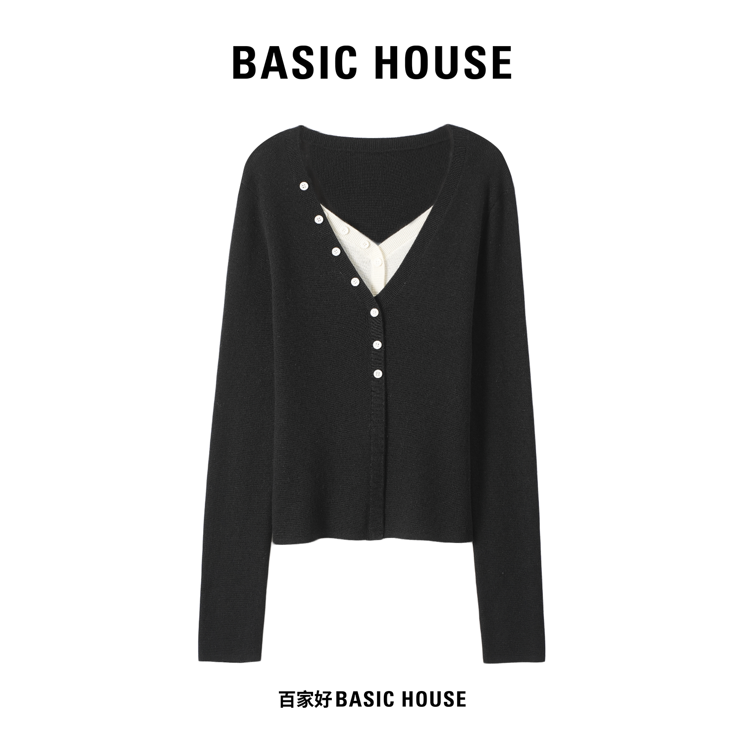 Basic House/百家好2025年夏季新款设计款假两件针织衫L182 MM