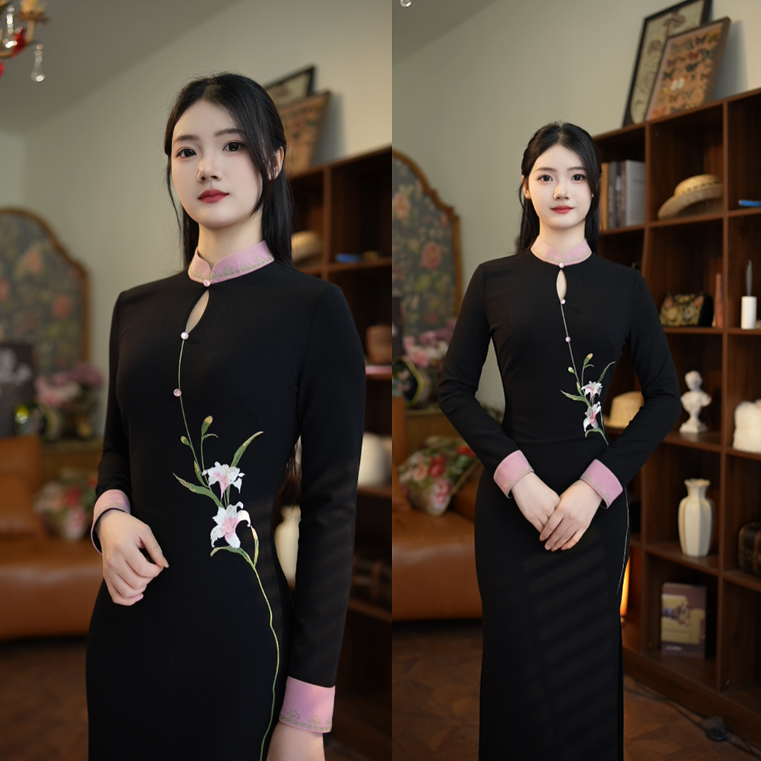 【尔尔古典美学】复古新中式刺绣旗袍【粉百合】秋冬修身中国风