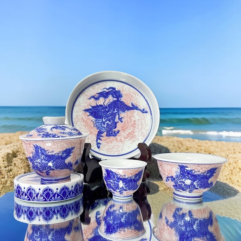 2025年新款景德镇手工手绘青花釉下红海水麒麟纹盖碗五件套装