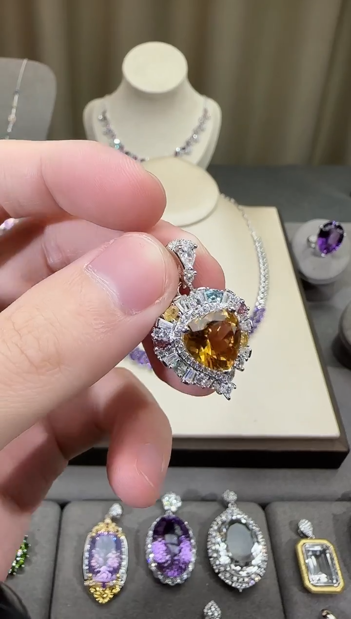 颈饰银S925镶嵌黄晶10mm海洋之心设计款