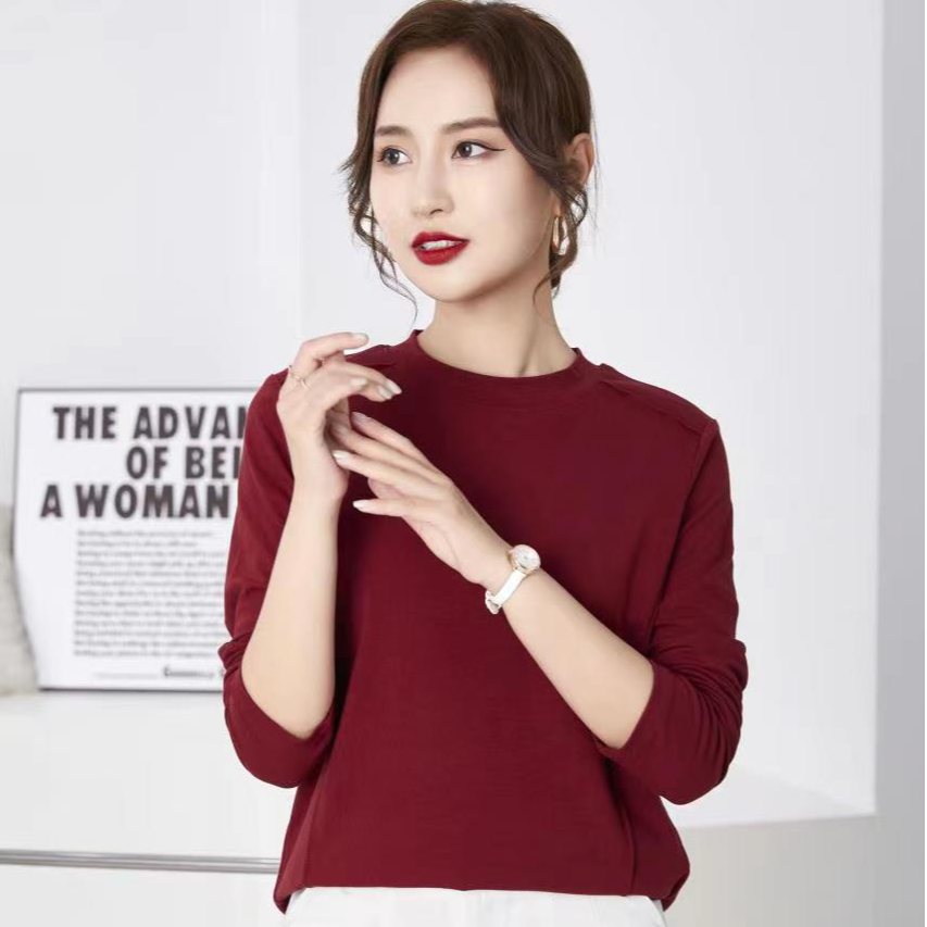 腾坊肩线设计精品弹力棉长袖打底衫小立领显瘦百搭纯色T恤801