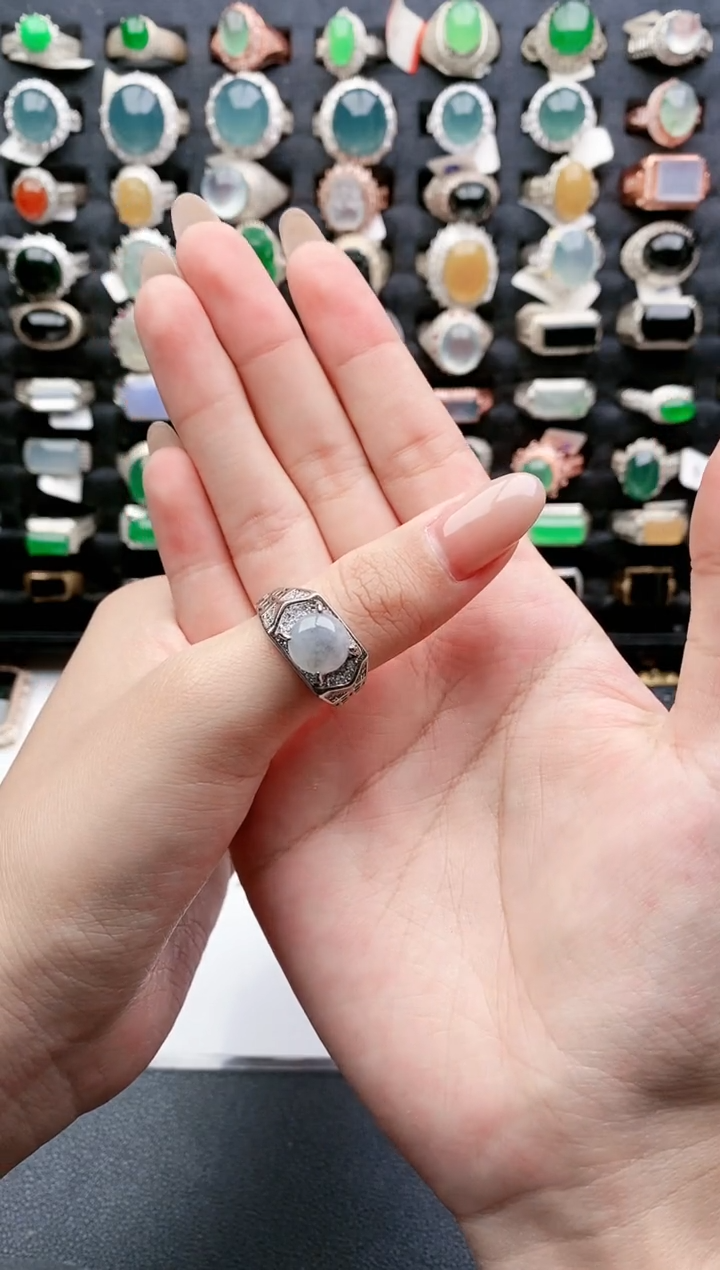 【闪购商品】翡翠戒指银S925镶嵌天然翡翠时尚男戒