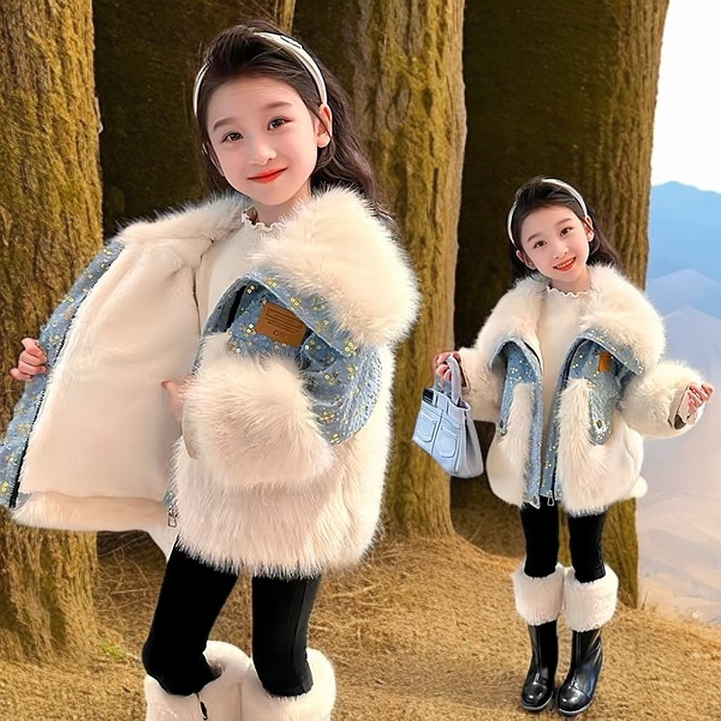 【蓝精灵】女童时髦外套时尚2024加绒加厚牛仔秋冬款新洋气棉服韩版