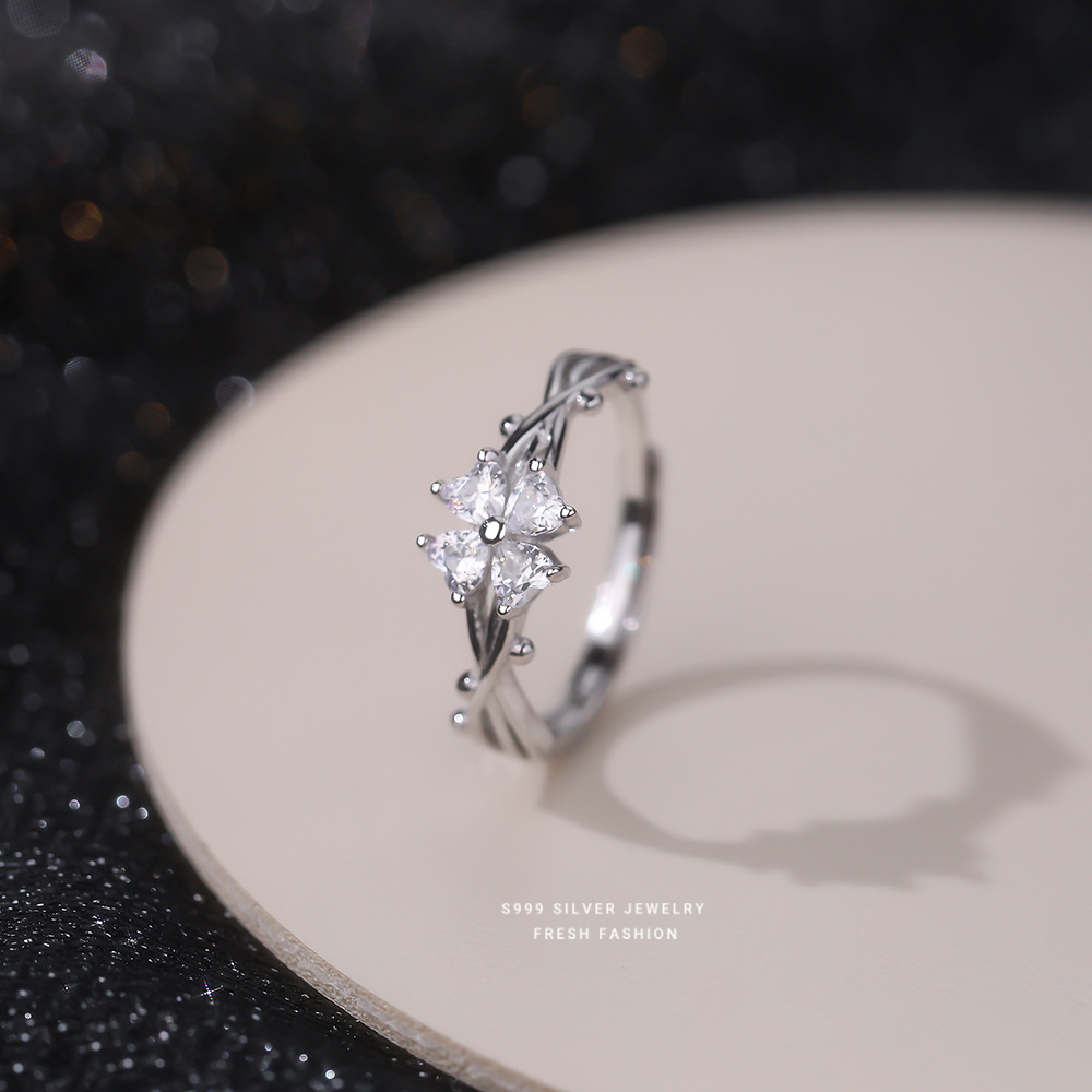 足银戒指 荆棘四叶草戒指简约高级感百搭食指戒