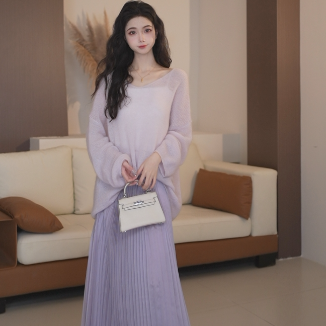 Basic House/百家好时尚气质显瘦浅紫欧若风针织两件套W422