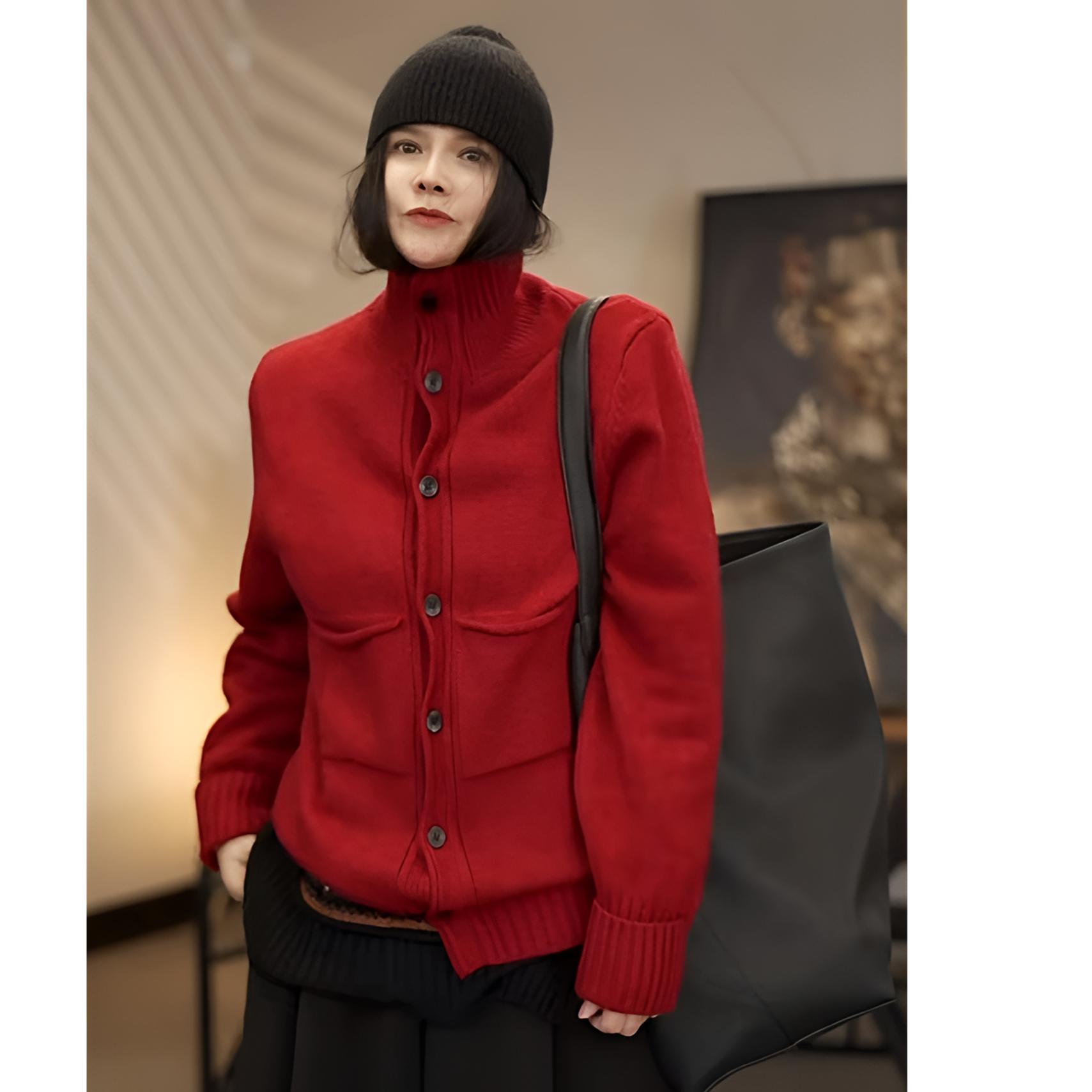（YE FAN）新款深灰色立领卷边双口袋毛衣开衫保暖加厚长袖针织衫