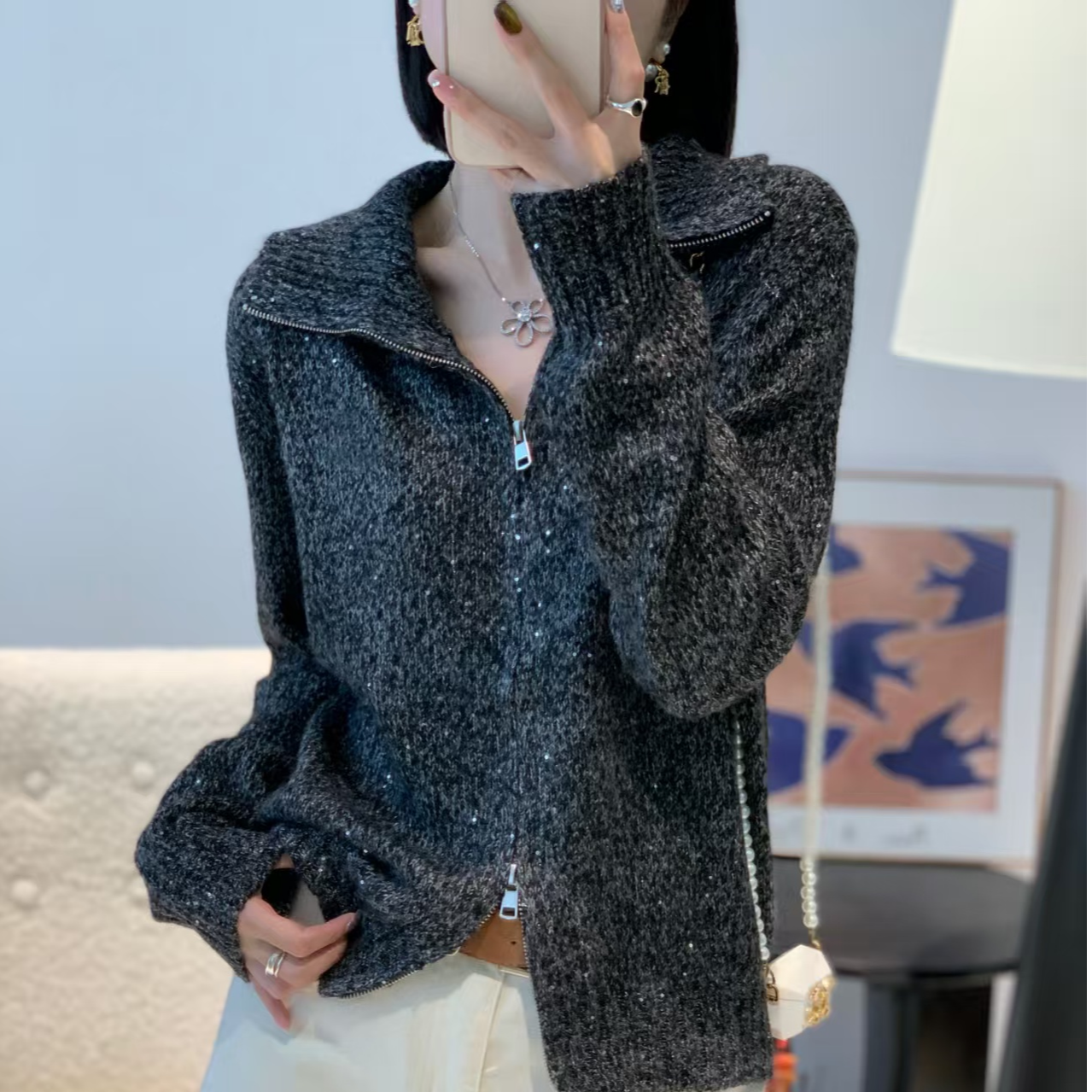 【晴晴精选】秋冬新款气质减龄设计拉链立领百搭时尚针织开衫A942#