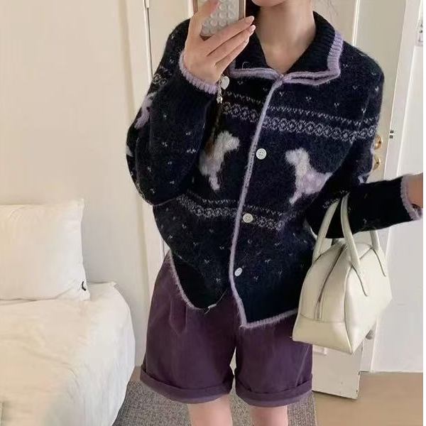 秋冬新款韩系腊肠狗费尔岛提花针织开衫毛衣外套女