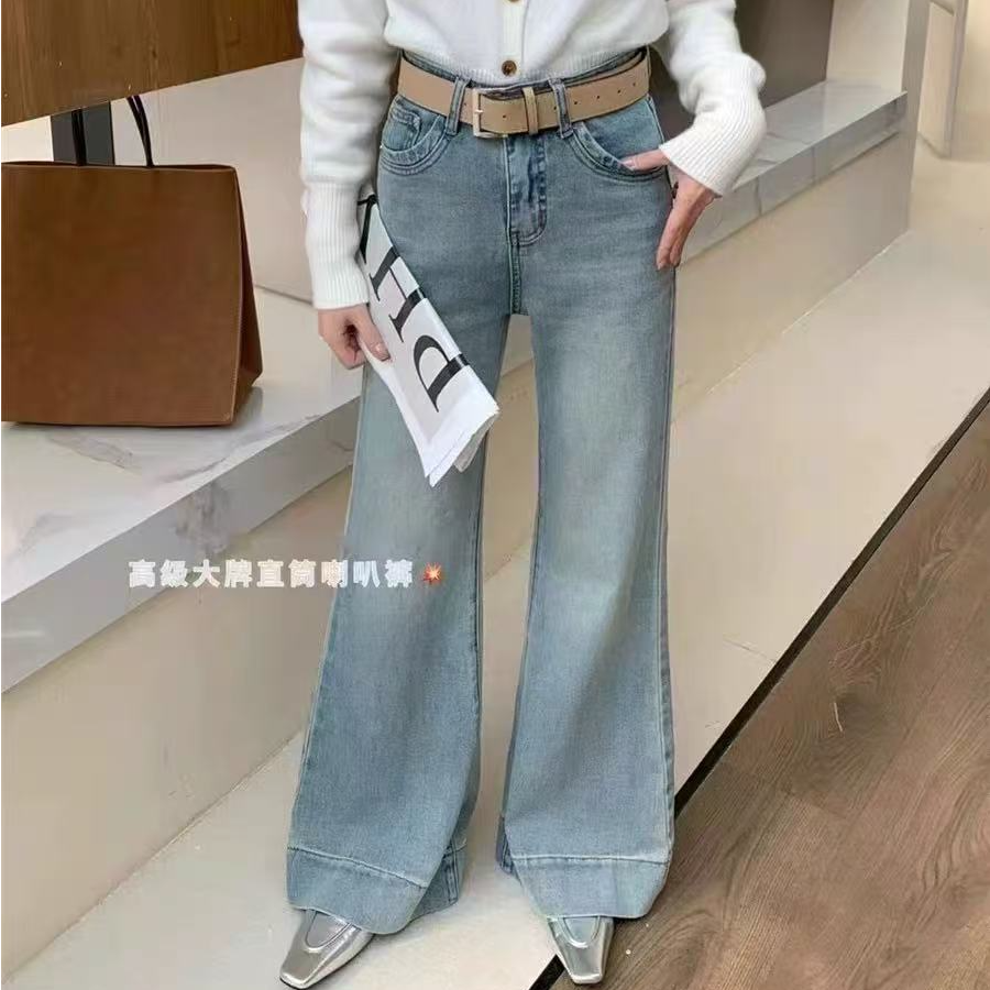 复古浅蓝色高腰阔腿微喇牛仔裤女春季复古宽松百搭休闲喇叭拖地裤