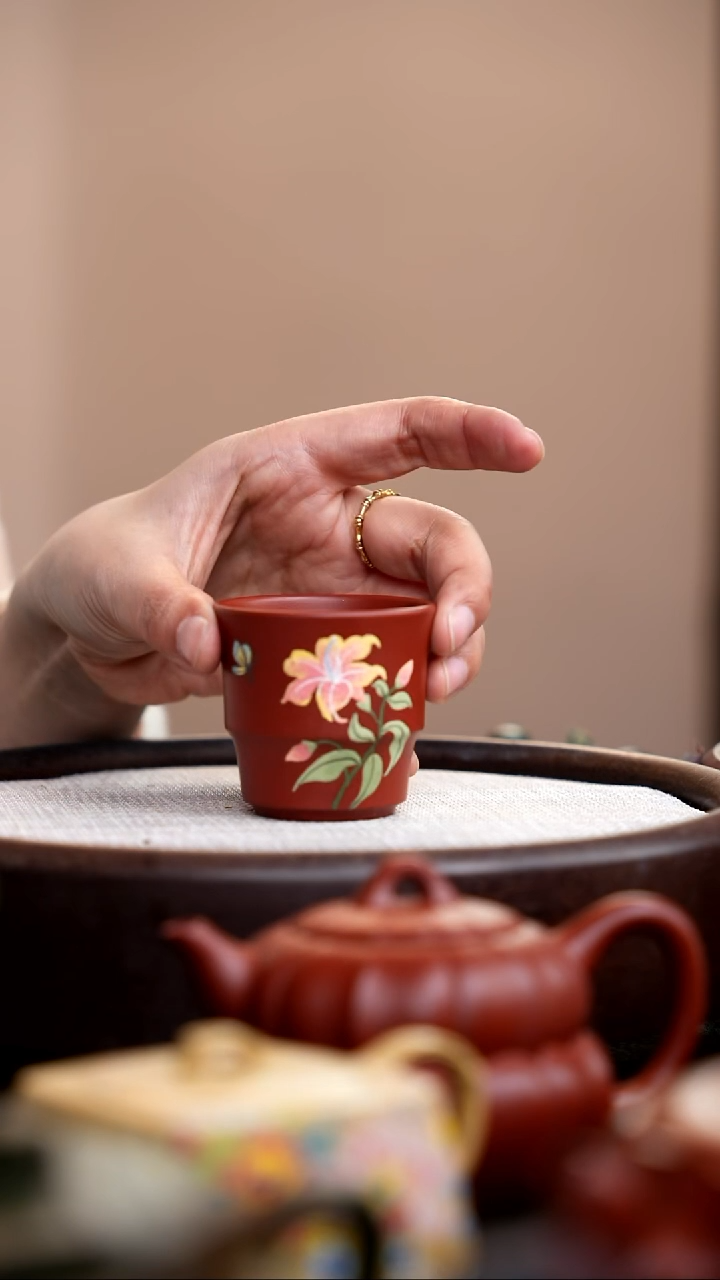 茶壶紫砂朱泥小竹节杯泥绘花