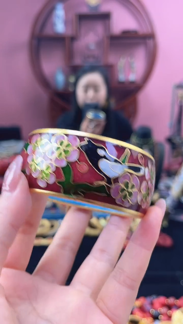 景泰蓝银蓝喜上眉梢宽镯 56-62+  砖红