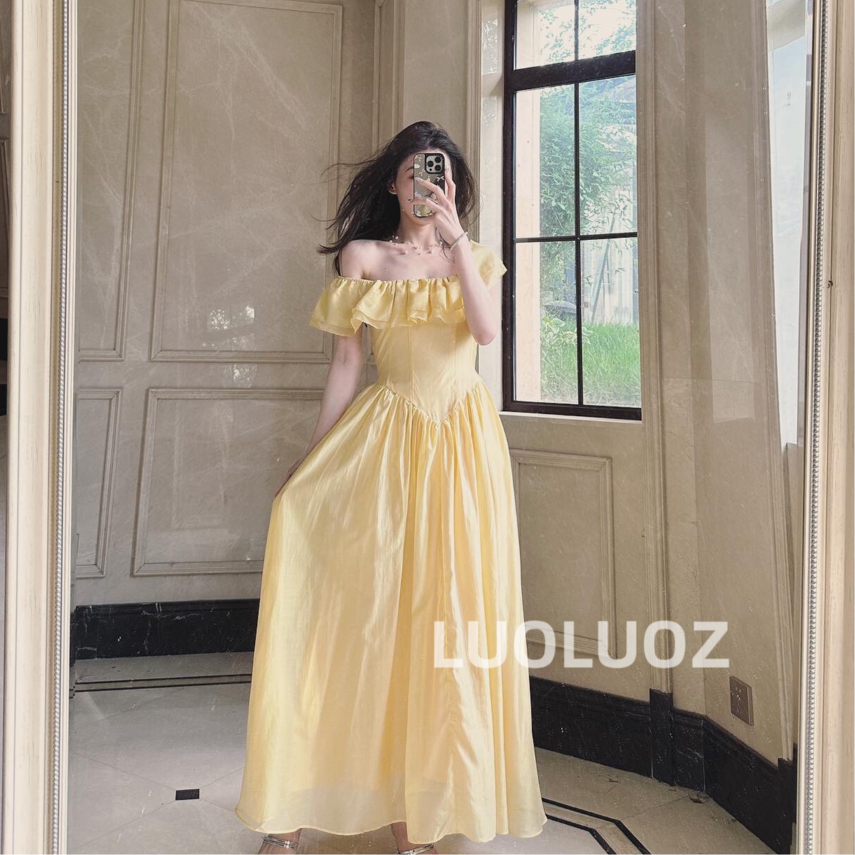 【现货】LUOLUOZ【西域旅行】气质一字领设计收腰时尚连衣裙G3980