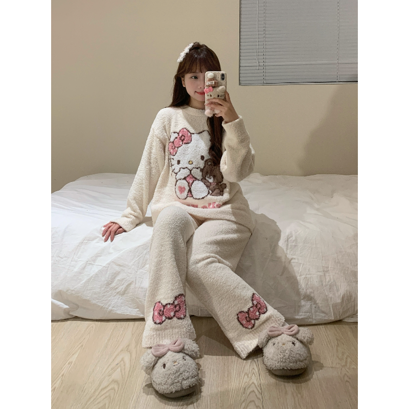 可爱卡通kitty半边绒睡衣女冬季新款保暖加绒加厚针织家居服套装